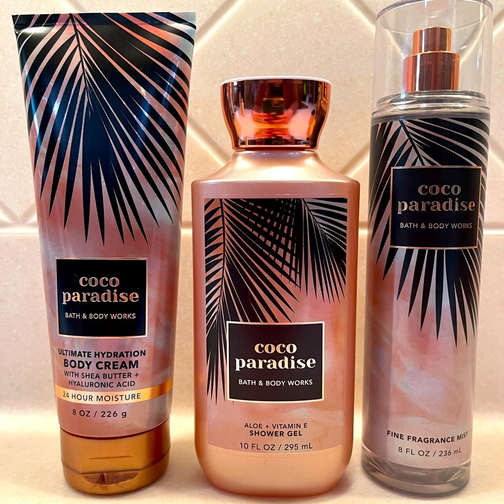 Bath and body works coco paradise perfume spray, body cream and shower gel.